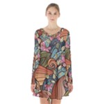 Multicolored Flower Decor Flowers Patterns Leaves Colorful Long Sleeve Velvet V-neck Dress