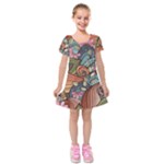 Multicolored Flower Decor Flowers Patterns Leaves Colorful Kids  Short Sleeve Velvet Dress