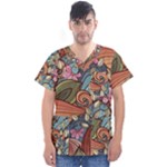 Multicolored Flower Decor Flowers Patterns Leaves Colorful Men s V-Neck Scrub Top