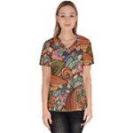 Multicolored Flower Decor Flowers Patterns Leaves Colorful Women s V-Neck Scrub Top