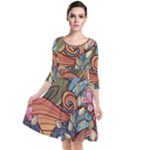 Multicolored Flower Decor Flowers Patterns Leaves Colorful Quarter Sleeve Waist Band Dress