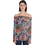 Multicolored Flower Decor Flowers Patterns Leaves Colorful Off Shoulder Long Sleeve Top