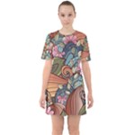 Multicolored Flower Decor Flowers Patterns Leaves Colorful Sixties Short Sleeve Mini Dress