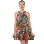 Multicolored Flower Decor Flowers Patterns Leaves Colorful Halter Tie Back Chiffon Dress