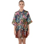 Multicolored Flower Decor Flowers Patterns Leaves Colorful Half Sleeve Satin Kimono 