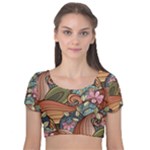 Multicolored Flower Decor Flowers Patterns Leaves Colorful Velvet Short Sleeve Crop Top 