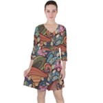 Multicolored Flower Decor Flowers Patterns Leaves Colorful Quarter Sleeve Ruffle Waist Dress