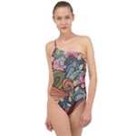 Multicolored Flower Decor Flowers Patterns Leaves Colorful Classic One Shoulder Swimsuit