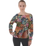 Multicolored Flower Decor Flowers Patterns Leaves Colorful Off Shoulder Long Sleeve Velour Top