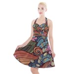 Multicolored Flower Decor Flowers Patterns Leaves Colorful Halter Party Swing Dress 