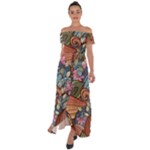 Multicolored Flower Decor Flowers Patterns Leaves Colorful Off Shoulder Open Front Chiffon Dress