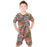 Multicolored Flower Decor Flowers Patterns Leaves Colorful Kids  Tee and Shorts Set