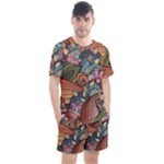 Multicolored Flower Decor Flowers Patterns Leaves Colorful Men s Mesh Tee and Shorts Set