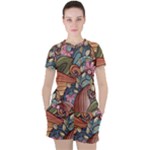 Multicolored Flower Decor Flowers Patterns Leaves Colorful Women s Tee and Shorts Set
