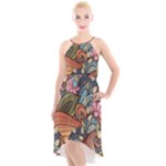 Multicolored Flower Decor Flowers Patterns Leaves Colorful High-Low Halter Chiffon Dress 