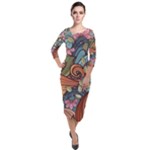 Multicolored Flower Decor Flowers Patterns Leaves Colorful Quarter Sleeve Midi Velour Bodycon Dress