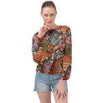 Multicolored Flower Decor Flowers Patterns Leaves Colorful Banded Bottom Chiffon Top