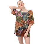 Multicolored Flower Decor Flowers Patterns Leaves Colorful Oversized Chiffon Top