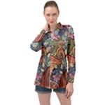 Multicolored Flower Decor Flowers Patterns Leaves Colorful Long Sleeve Satin Shirt