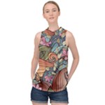 Multicolored Flower Decor Flowers Patterns Leaves Colorful High Neck Satin Top