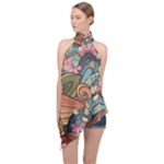 Multicolored Flower Decor Flowers Patterns Leaves Colorful Halter Asymmetric Satin Top