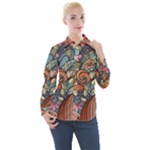 Multicolored Flower Decor Flowers Patterns Leaves Colorful Women s Long Sleeve Pocket Shirt