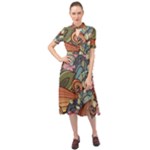 Multicolored Flower Decor Flowers Patterns Leaves Colorful Keyhole Neckline Chiffon Dress