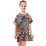 Multicolored Flower Decor Flowers Patterns Leaves Colorful Kids  One Piece Chiffon Dress