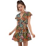 Multicolored Flower Decor Flowers Patterns Leaves Colorful Flutter Sleeve Wrap Dress