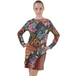 Multicolored Flower Decor Flowers Patterns Leaves Colorful Long Sleeve Hoodie Dress