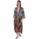 Multicolored Flower Decor Flowers Patterns Leaves Colorful Maxi Satin Kimono