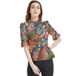 Multicolored Flower Decor Flowers Patterns Leaves Colorful Frill Neck Blouse