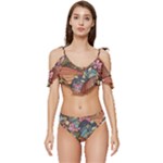 Multicolored Flower Decor Flowers Patterns Leaves Colorful Ruffle Edge Tie Up Bikini Set	