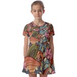 Multicolored Flower Decor Flowers Patterns Leaves Colorful Kids  Short Sleeve Pinafore Style Dress
