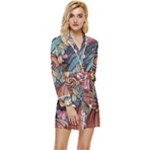 Multicolored Flower Decor Flowers Patterns Leaves Colorful Long Sleeve Satin Robe