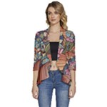 Multicolored Flower Decor Flowers Patterns Leaves Colorful Women s 3/4 Sleeve Ruffle Edge Open Front Jacket