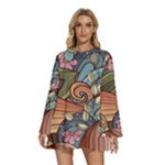 Multicolored Flower Decor Flowers Patterns Leaves Colorful Round Neck Long Sleeve Bohemian Style Chiffon Mini Dress