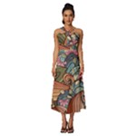 Multicolored Flower Decor Flowers Patterns Leaves Colorful Sleeveless Cross Front Cocktail Midi Chiffon Dress