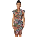 Multicolored Flower Decor Flowers Patterns Leaves Colorful Vintage Frill Sleeve V-Neck Bodycon Dress