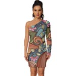 Multicolored Flower Decor Flowers Patterns Leaves Colorful Long Sleeve One Shoulder Mini Dress