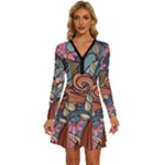 Multicolored Flower Decor Flowers Patterns Leaves Colorful Long Sleeve Deep V Mini Dress 