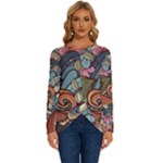 Multicolored Flower Decor Flowers Patterns Leaves Colorful Long Sleeve Crew Neck Pullover Top