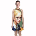 Schoolgirl With Glasses In School Uniform Velvet Halter Neckline Dress 