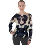 Cute Adorable Victorian Gothic Girl 4 Off Shoulder Long Sleeve Velour Top