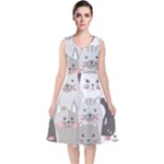 Cute Cats Seamless Pattern V-Neck Midi Sleeveless Dress 