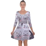 Cute Cats Seamless Pattern Quarter Sleeve Skater Dress