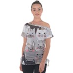 Cute Cats Seamless Pattern Off Shoulder Tie-Up Tee