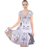 Cute Cats Seamless Pattern Cap Sleeve Front Wrap Midi Dress