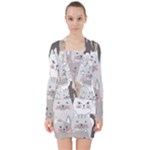 Cute Cats Seamless Pattern V-neck Bodycon Long Sleeve Dress