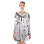 Cute Cats Seamless Pattern Long Sleeve Velvet V-neck Dress